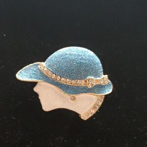 Vintage Blue and Gold Hat On Woman Brooch Sugar Coated Gems Bow